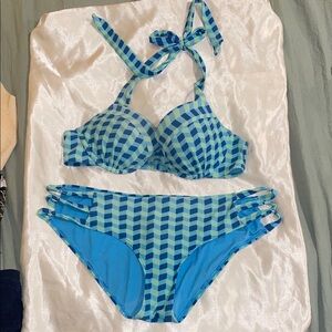 Aerie Blue and Green Checkered Swim Set